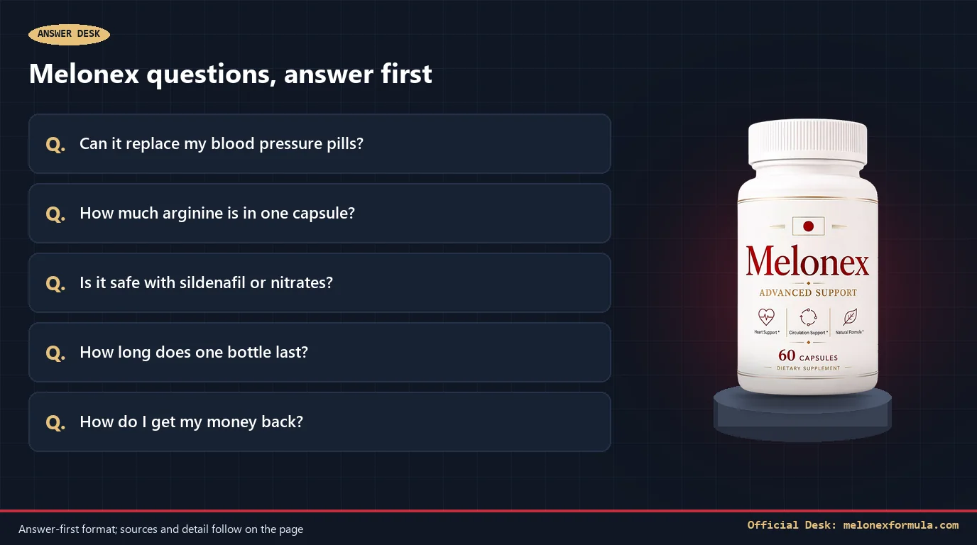 Five common Melonex questions on dark cards beside the bottle on a plinth, watermarked melonexformula.com