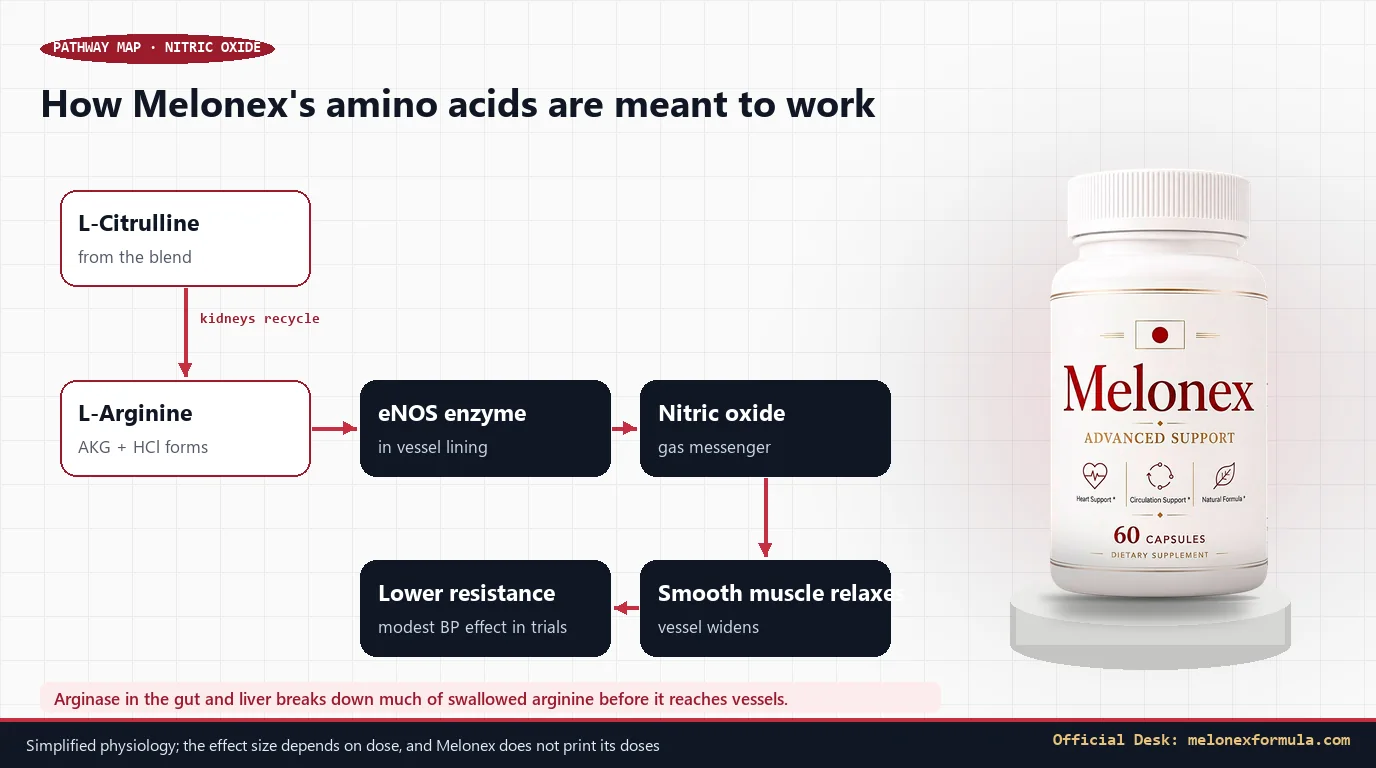 Pathway diagram from citrulline and arginine through eNOS and nitric oxide to a wider vessel, beside the Melonex bottle, watermarked melonexformula.com