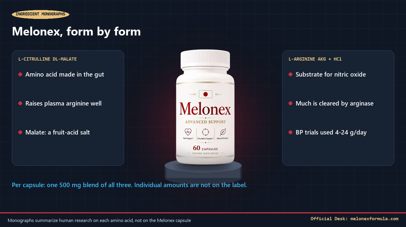 Melonex bottle on a stone plinth between two panels describing citrulline malate and the two arginine forms, watermarked melonexformula.com