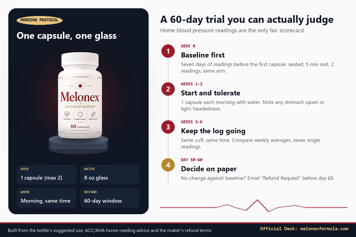 Melonex morning protocol: one capsule with 8 oz water, plus a four-step timeline from baseline readings to the day-60 decision