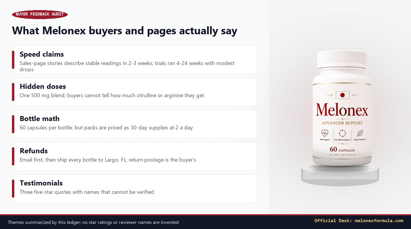 Five buyer-feedback themes for Melonex listed beside the bottle on a stone plinth, watermarked melonexformula.com