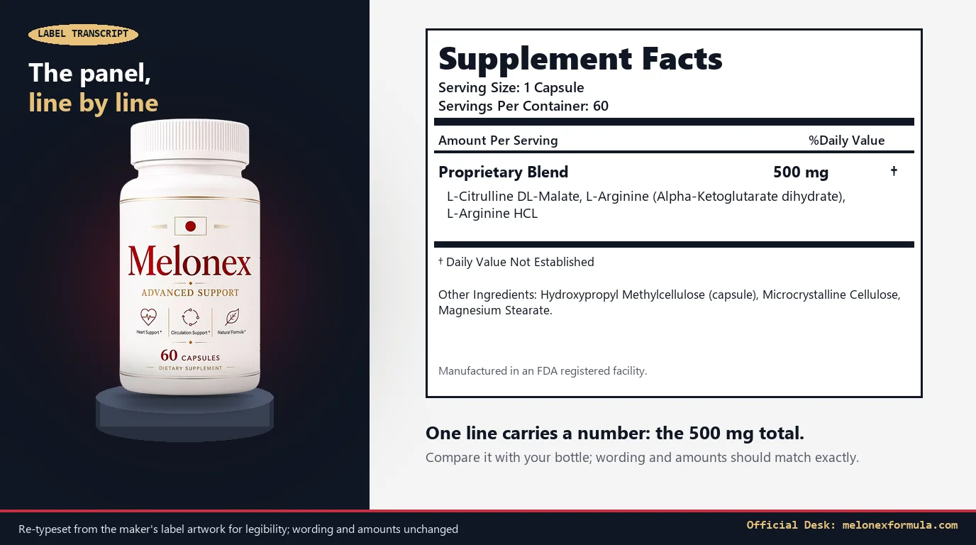 Re-typeset Melonex Supplement Facts panel beside the bottle on a stone plinth, watermarked melonexformula.com